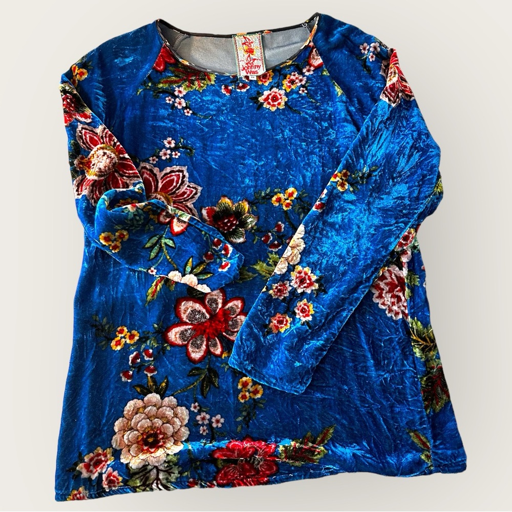 Johnny Was Karmen  velvet floral tunic sz med‎ beautiful reds greens cottagecore